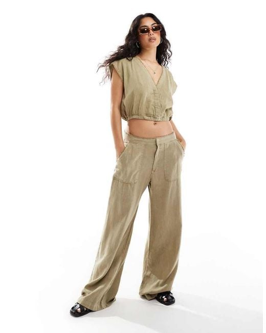 Pull&Bear Natural Wide Leg Linen Trouser Co-ord With Raw Hem
