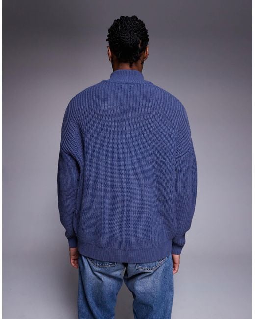 ASOS Blue Oversized Knitted Half Zip Jumper for men