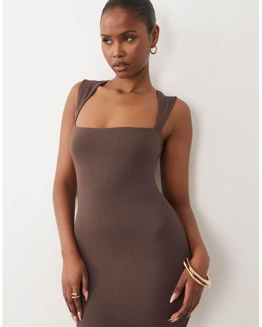 Oh Polly Natural Modal Square Neck Slinky Midi Dress