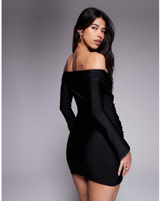 Ruched & Ready Black You Wish Slinky Sculpted Off Shoulder Wrap Mini Dress