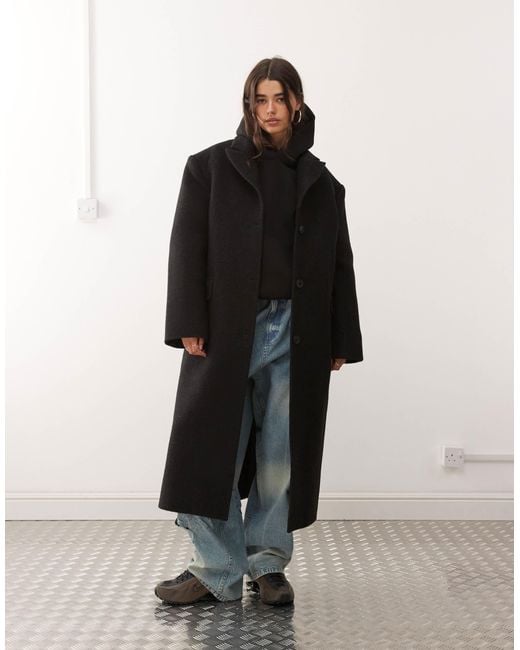 Weekday Black Wool Blend Oversized Coat With Exaggerated Shoulders