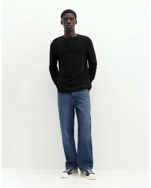 Pull&Bear Black Henley Waffle-knit Long Sleeve T-shirt for men