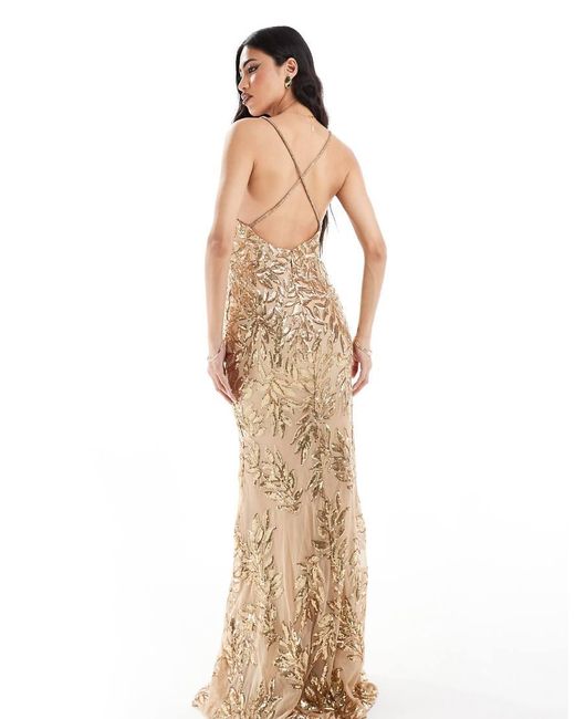 Goddiva Metallic Cross Back Diamante Strap Sequin Maxi