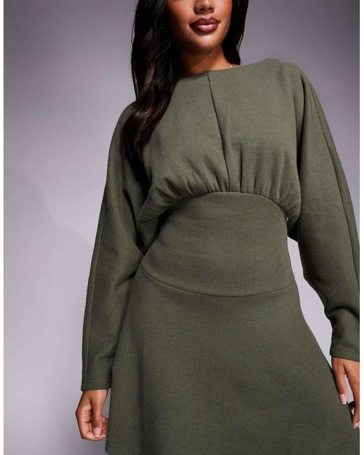 ASOS Superzachte Mini-Jurk Met Rechte Hals En Gepofte Vleesmuismouwen in het Green