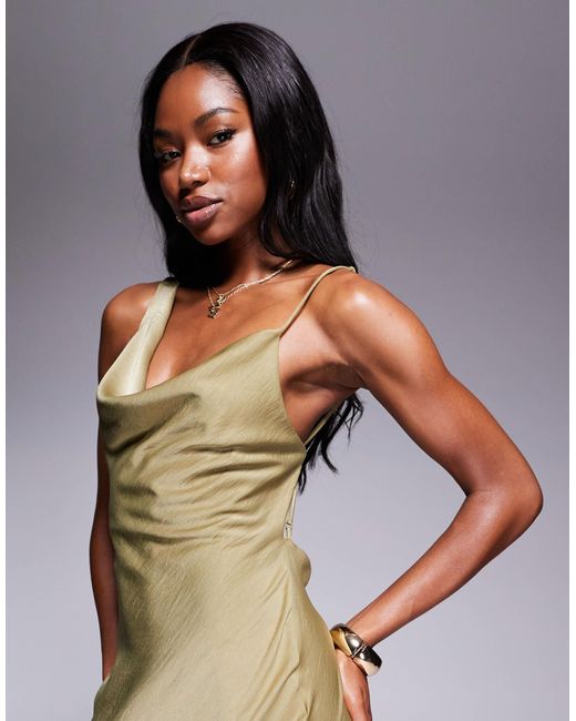 ASOS Green Satin Asymmetric Strap Midaxi Dress With Split
