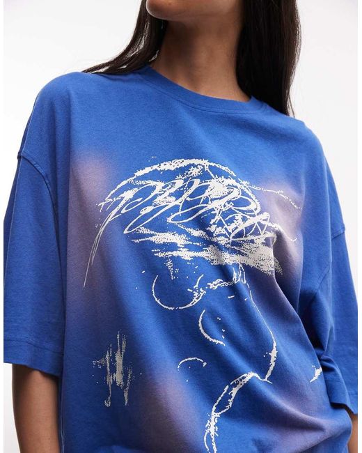 Weekday Blue Oversized T-shirt With Spray Graphic Print