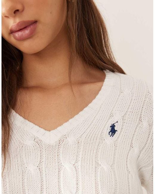 Polo Ralph Lauren White Kimberly Icon Logo Cotton Cable Knit V-neck Jumper