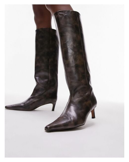 TOPSHOP Black Tara Premium Leather Knee High Heeled Boots