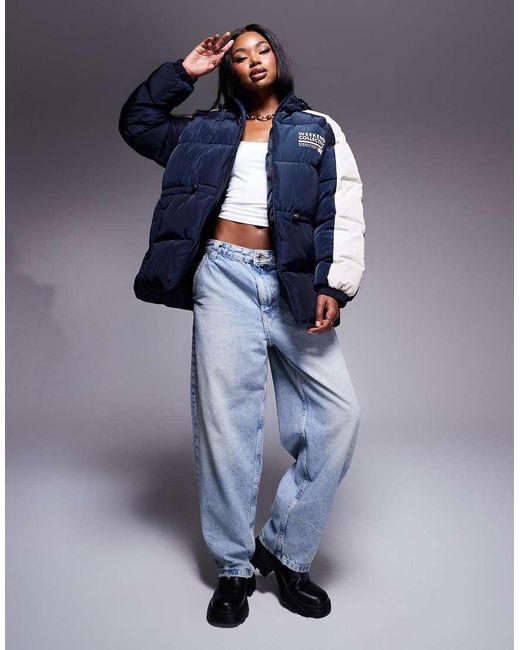 ASOS Blue Weekend Collective Waisted Padded Coat With Logo