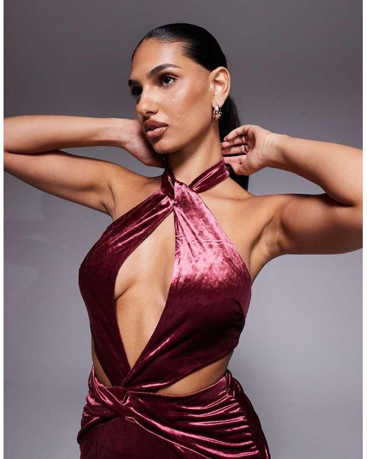 Oh Polly Red Adriana Halter Neck Velvet Maxi Dress