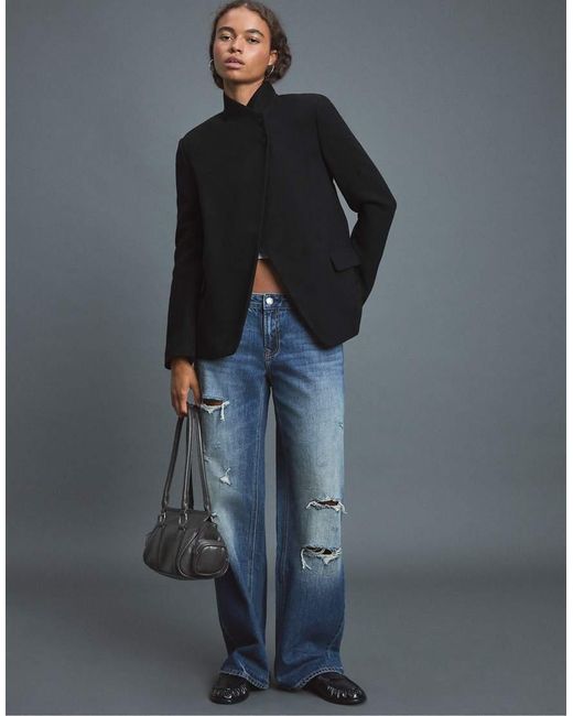 Stradivarius Blue Asymmetric Wool-Blend Blazer