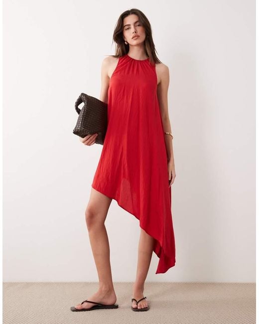 ASOS Red Techy Fabric Asymmetric Hem Volume Mini Dress