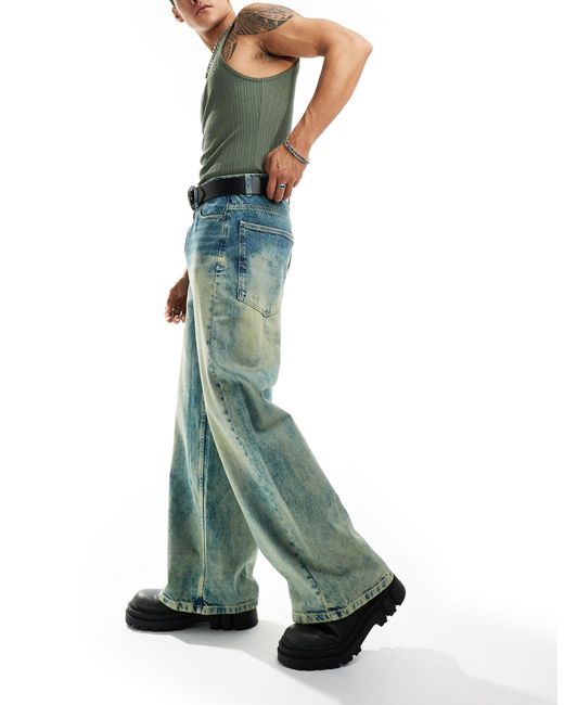 X013 - jeans con fondo ampio a vita medio alta lavaggio di Collusion in Green da Uomo