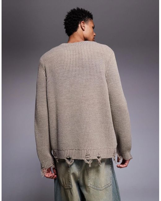 ASOS Gray Relaxed Knitted Crew Neck Jumper With Raw Edge for men