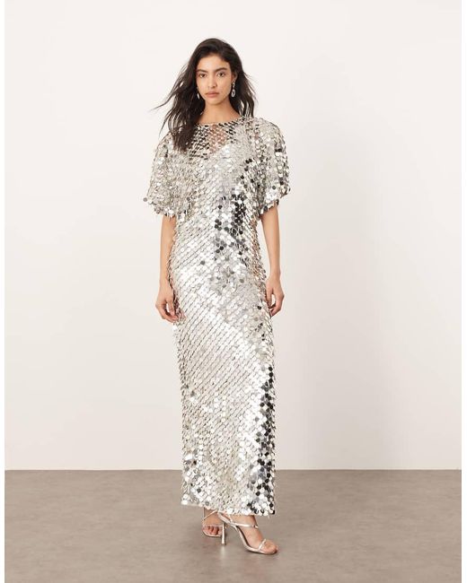 ARRANGE Natural Sequin And Fringe Strong Shoulder Midi Dress