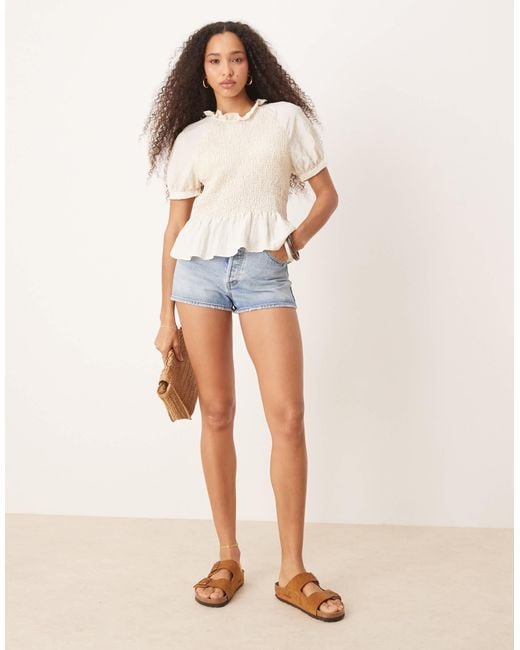 Aware White Shirred Puff Sleeve Top