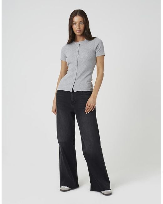 Brave Soul Gray Cotton Rich Short Sleeve Button Down Top