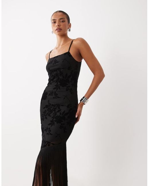 ASOS Black Devore Floral Maxi Dress With Fringing Detail
