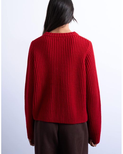 TOPSHOP Red Knitted Ribbed Crew Relaxed Button Cardigan