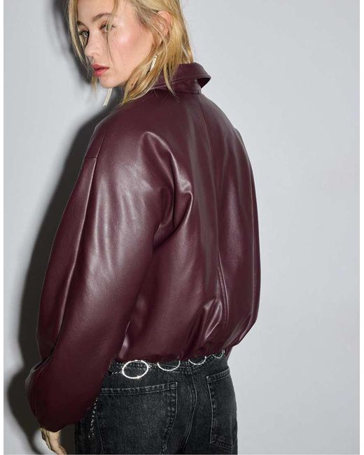 Stradivarius Purple Faux Leather Quilted Bomber Jacket