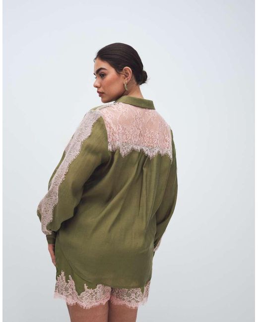 Never Fully Dressed Green Satin Lace Detail Button Down Shirt Co-ord