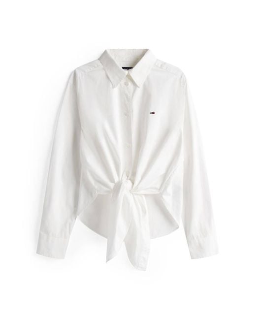 Camisa Blanca De Manga Larga Con Lazada Delantera Y Logo De Tommy Hilfiger de color White