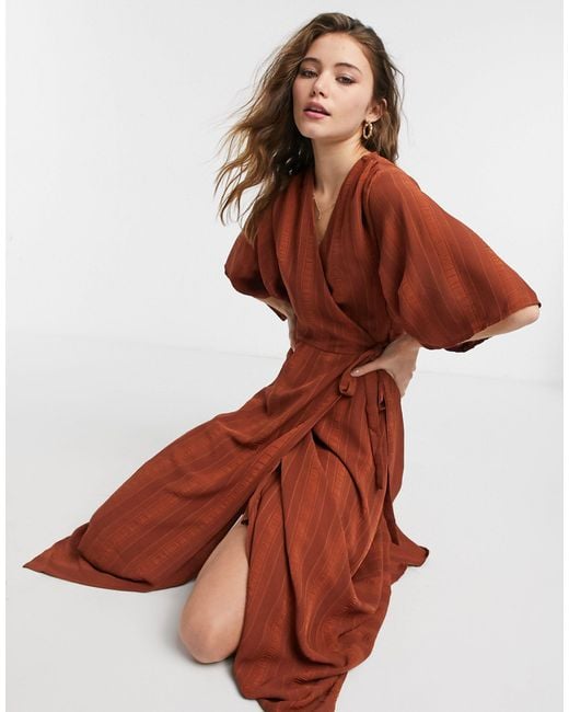 Liquorish Brown Kimono Sleeve Wrap Midi Dress