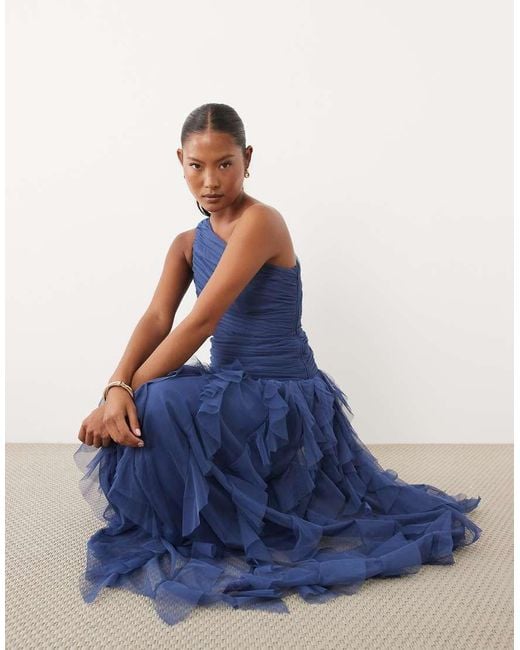 LACE & BEADS Blue One Shoulder Waterfall Ruffle Maxi Dress