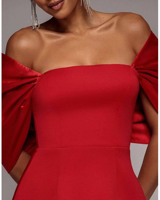 Goddiva Red Off Shoulder Back Satin Bow Mini Dress