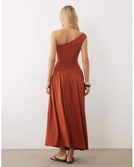 ASOS Brown Ruched One Shoulder Dropped Waist Maxi Dress