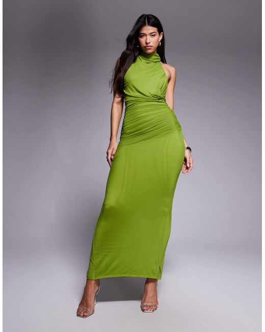 ASOS Green Mesh Twist Bust Detail Long Sleeve Halter Maxi With Tie Back Neck