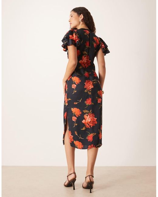 Hope & Ivy Multicolor Satin Lace Trim Flutter Sleeve Midi Dress