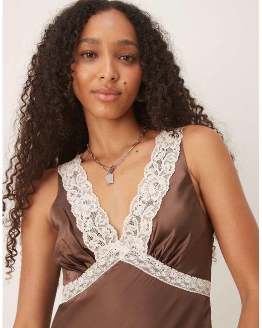 ASOS Brown Satin Flippy Mini Dress With Lace Detail