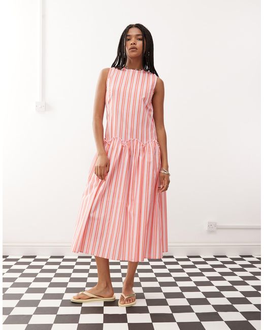 Reclaimed (vintage) Pink Midi Smock Dress With Waist Ruffle Detail