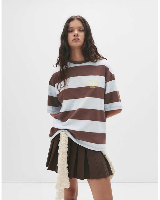 Pull&Bear Brown Text Striped T-Shirt