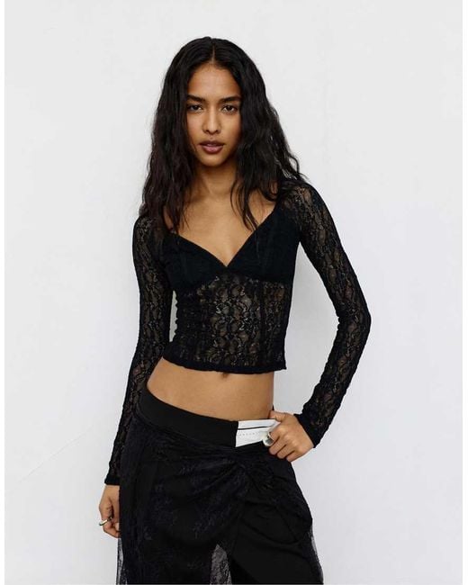 Pull&Bear Black Lace Corsetry-inspired Top