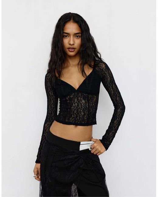 Pull&Bear Top Van Kant Met Korset in het Black
