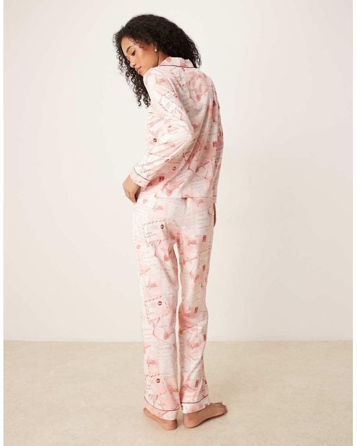 Chelsea Peers Pyjama Van Polyester Met Lange Mouwen, Reverskraag En Briefprint in het Pink