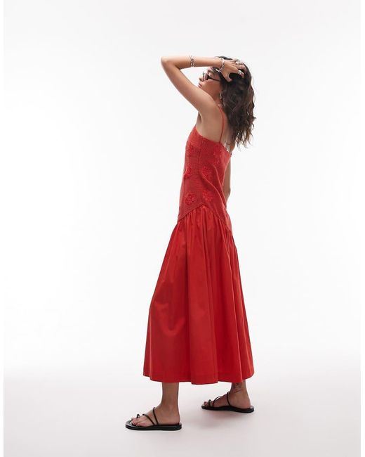 TOPSHOP Red Dropped Waist Raffia Bodest Midi Sundress