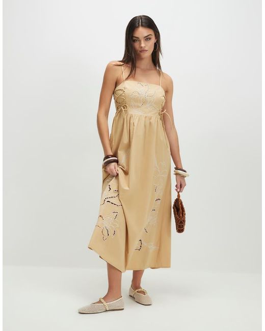 River Island Natural Cotton Broderie Tie Side Midi Dress