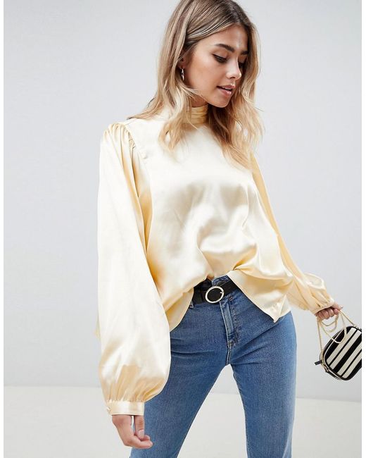 ASOS Natural Long Sleeve Satin Blouse With High Neck And Open Back