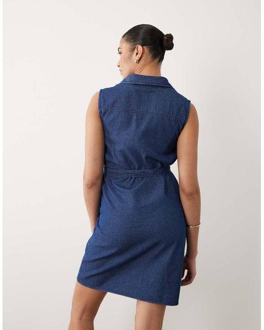 Mama.licious Blue Mamalicious Maternity Sleeveless Tie Waist Button Front Denim Mini Dress