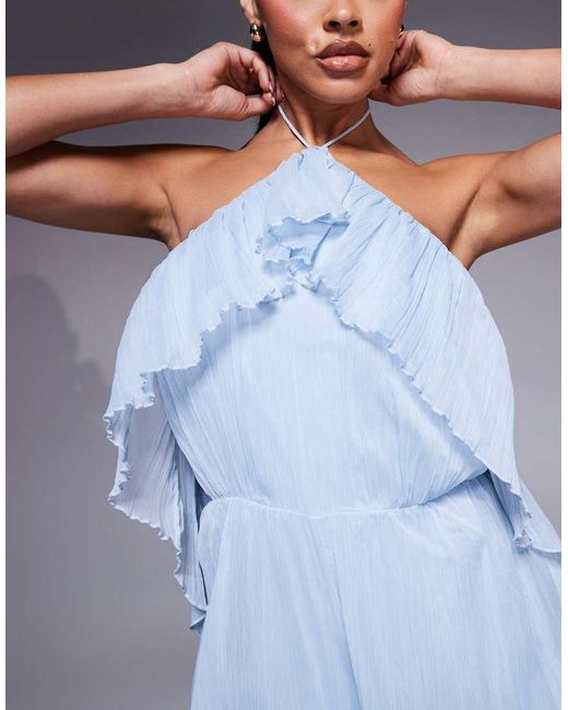 ASOS Jumpsuit Met Halternek, Wijde Pijpen, Textuur En Ruches in het Blue
