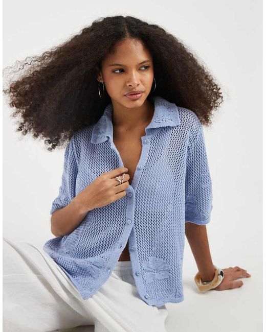 Vero Moda Blue Short Sleeve Floral Crochet Knit Button Front Polo Top