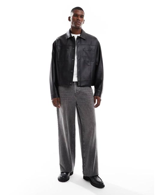ASOS Black Faux Leather Harrington Jacket for men
