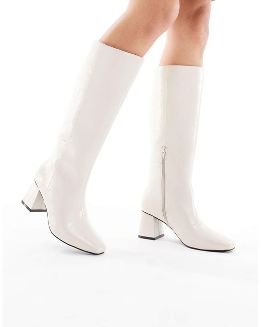 London Rebel White Nova Block Heeled Knee Boots