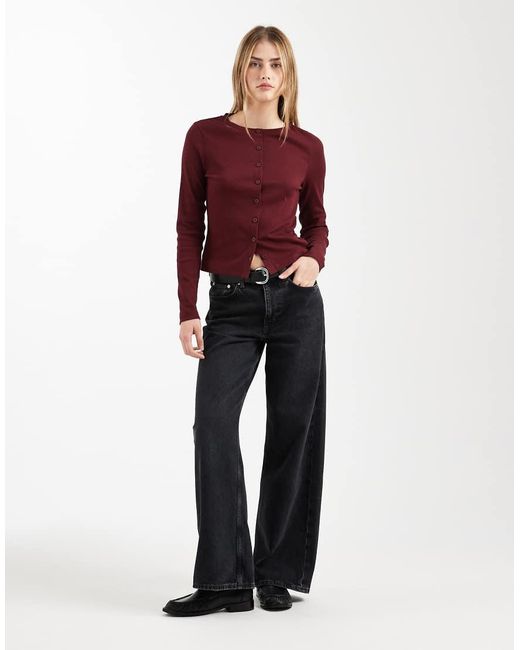 ASOS Red Cotton Rib Crew Neck Button Through Top