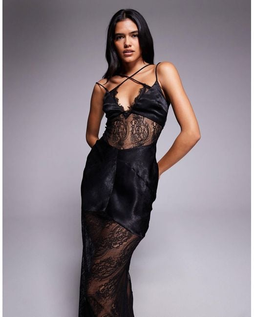 ASOS Black Satin And Lace Mix Sheer Bodice Cami Maxi Dress