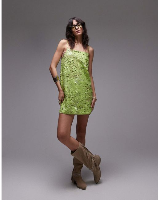 TOPSHOP Green Mixed Sequin Scoop Cami Mini Dress