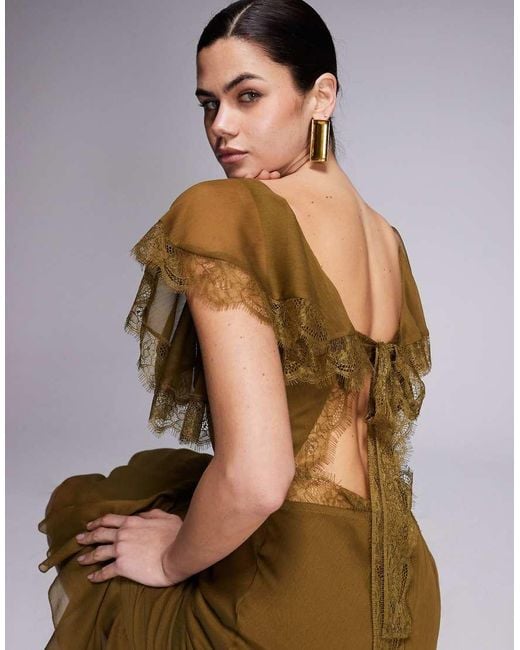 ASOS Brown High Neckline Midaxi Dress With Flutter Sleeve And Asymmetric Hem Shape With Lace Trim Detailing